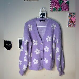 Lavender daisy Floral V-Neck Button Cardigan Sweater
